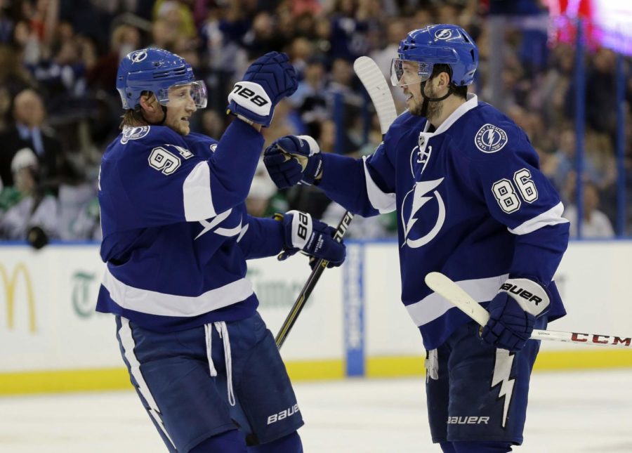 Steven Stamkos (left) congratulates line mate Nikita Kucherov (right) after big win over the Chicago Blackhawks.