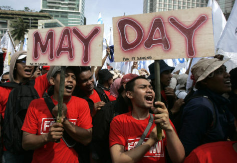 Indonesian workers shout slogans during a May Day protest in Jakarta, Indonesia, Sunday, May 1, 2011. (AP Photo/Irwin Fedriansyah)